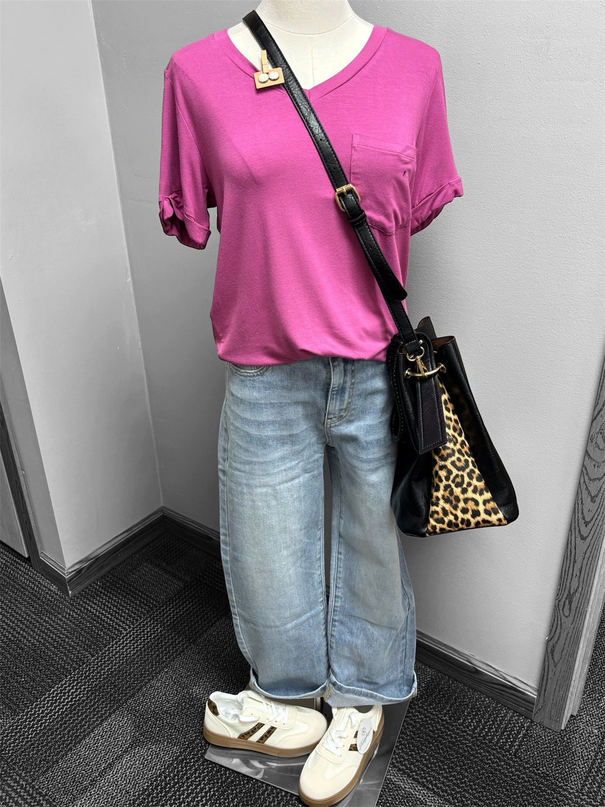 Shop the Look - V-Neck Pocket Tee styled with wide-leg jeans, leopard bag, and sneakers