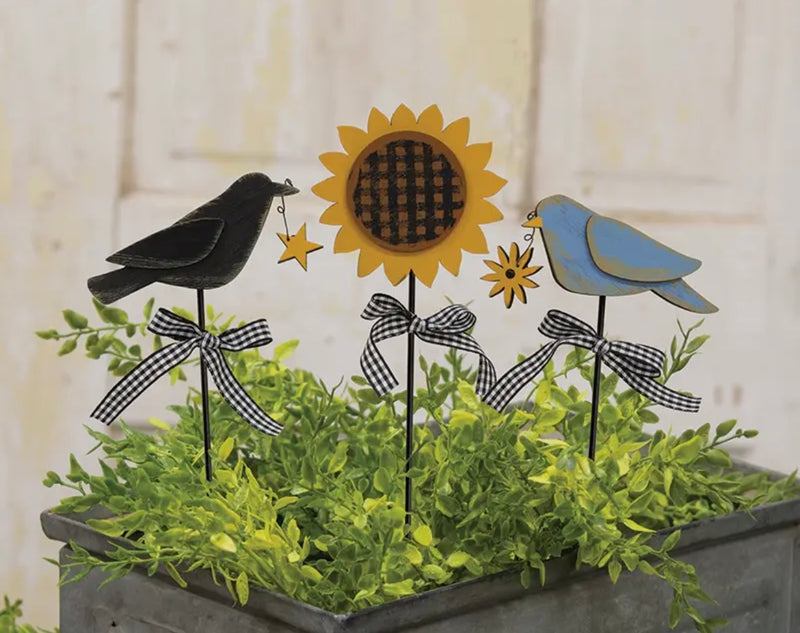 Bluebird, Crow, and Sunflower Plant Pokes