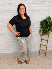 Black Striped Wide Leg Drawstring Pants
