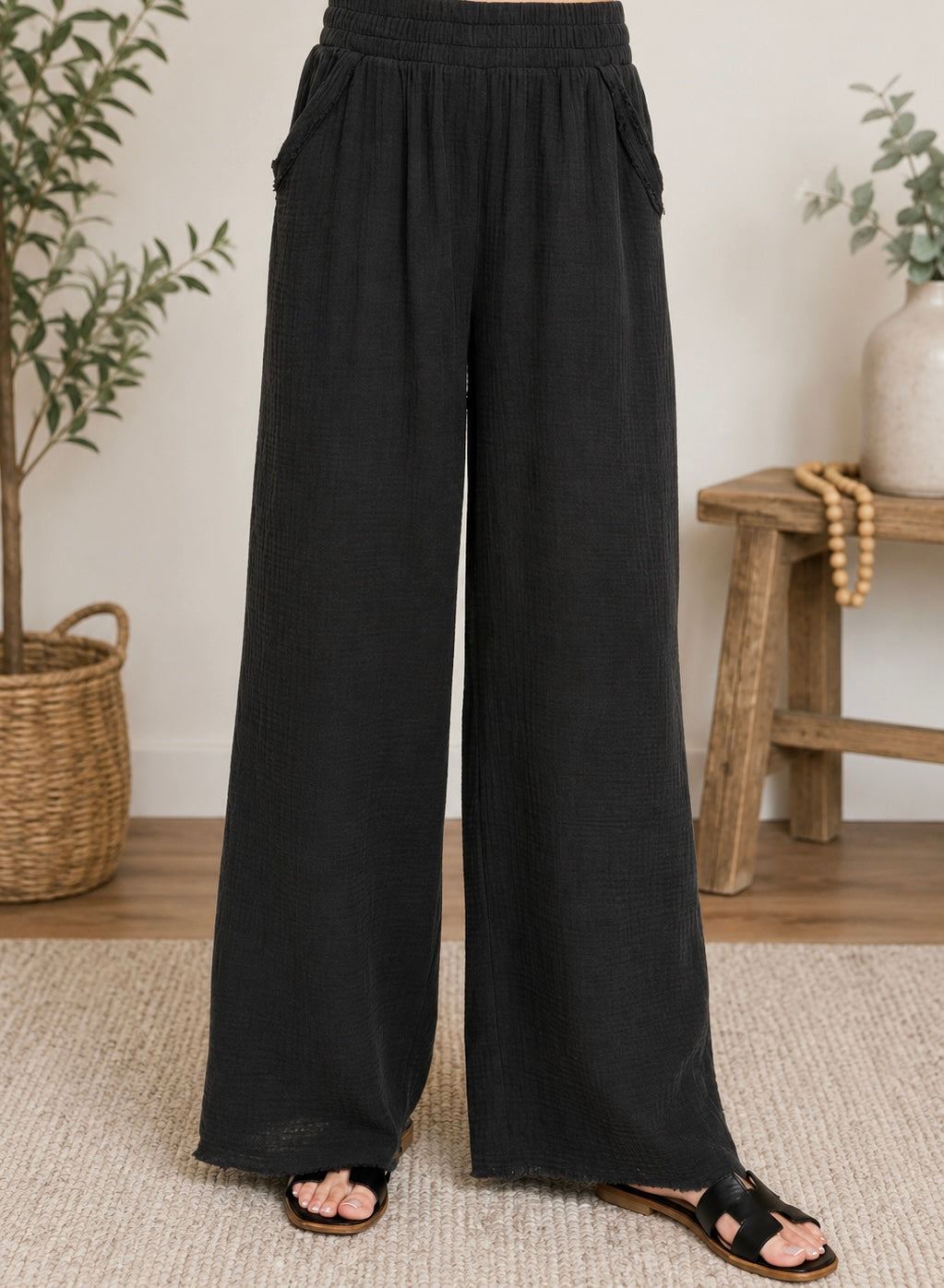 Black Wide Leg Gauze Pants