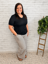 Black Striped Wide Leg Drawstring Pants