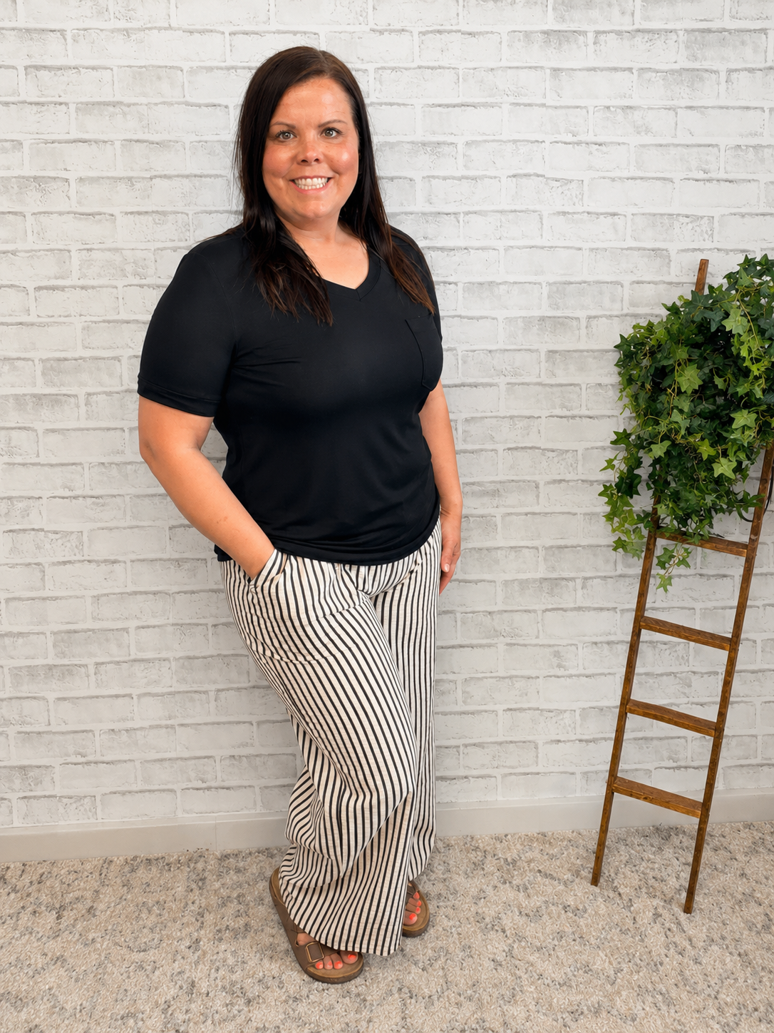 Black Striped Wide Leg Drawstring Pants