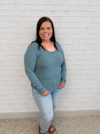 Dusty Teal Henley Striped Long Sleeve Top