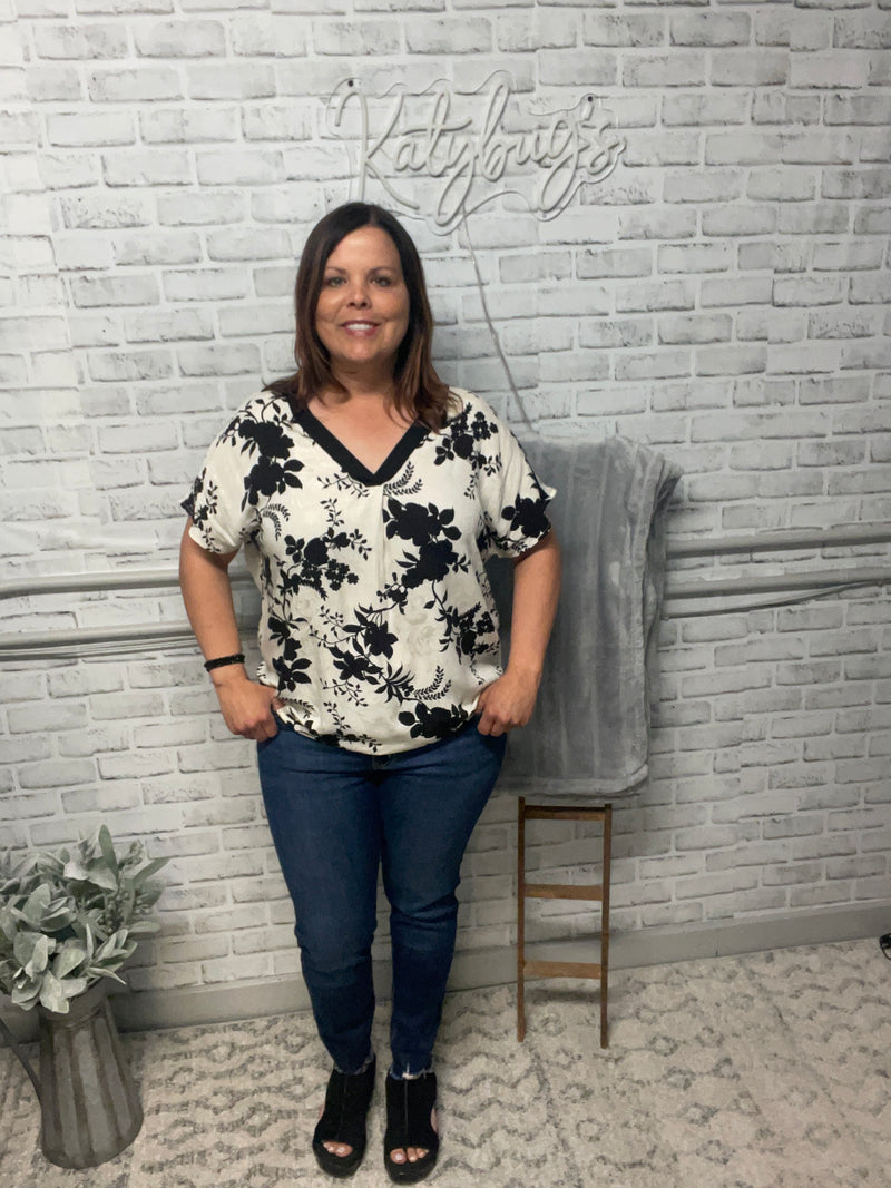 Black and Ivory Floral Blouse