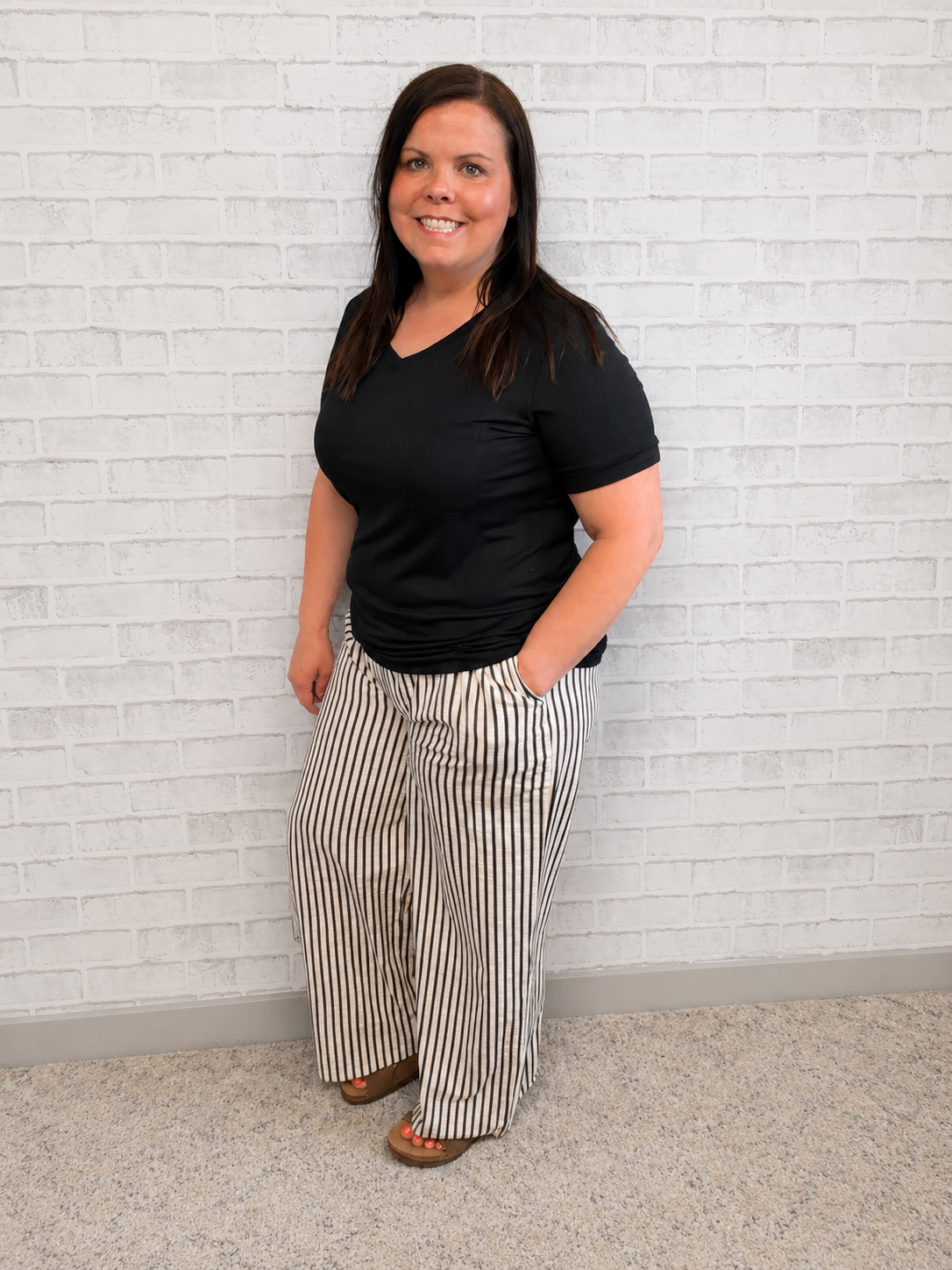 Black Striped Wide Leg Drawstring Pants