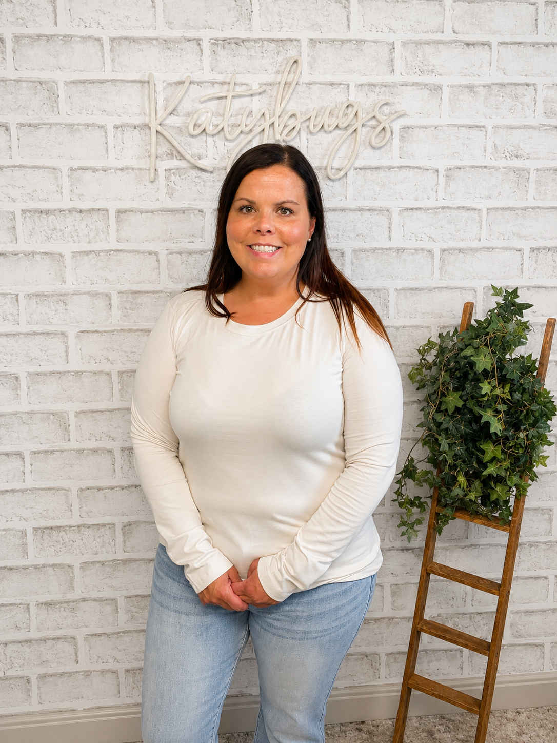 Cream Fitted Crew Neck Long Sleeve Top