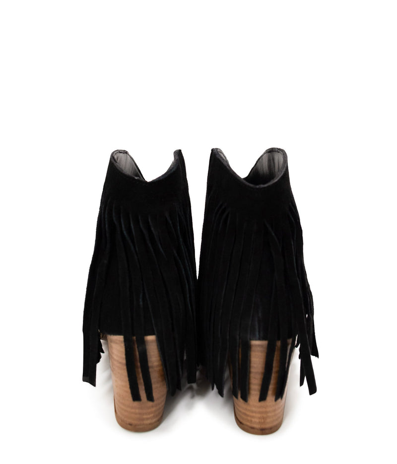 Amos Fringe Ankle Bootie in Black Suede