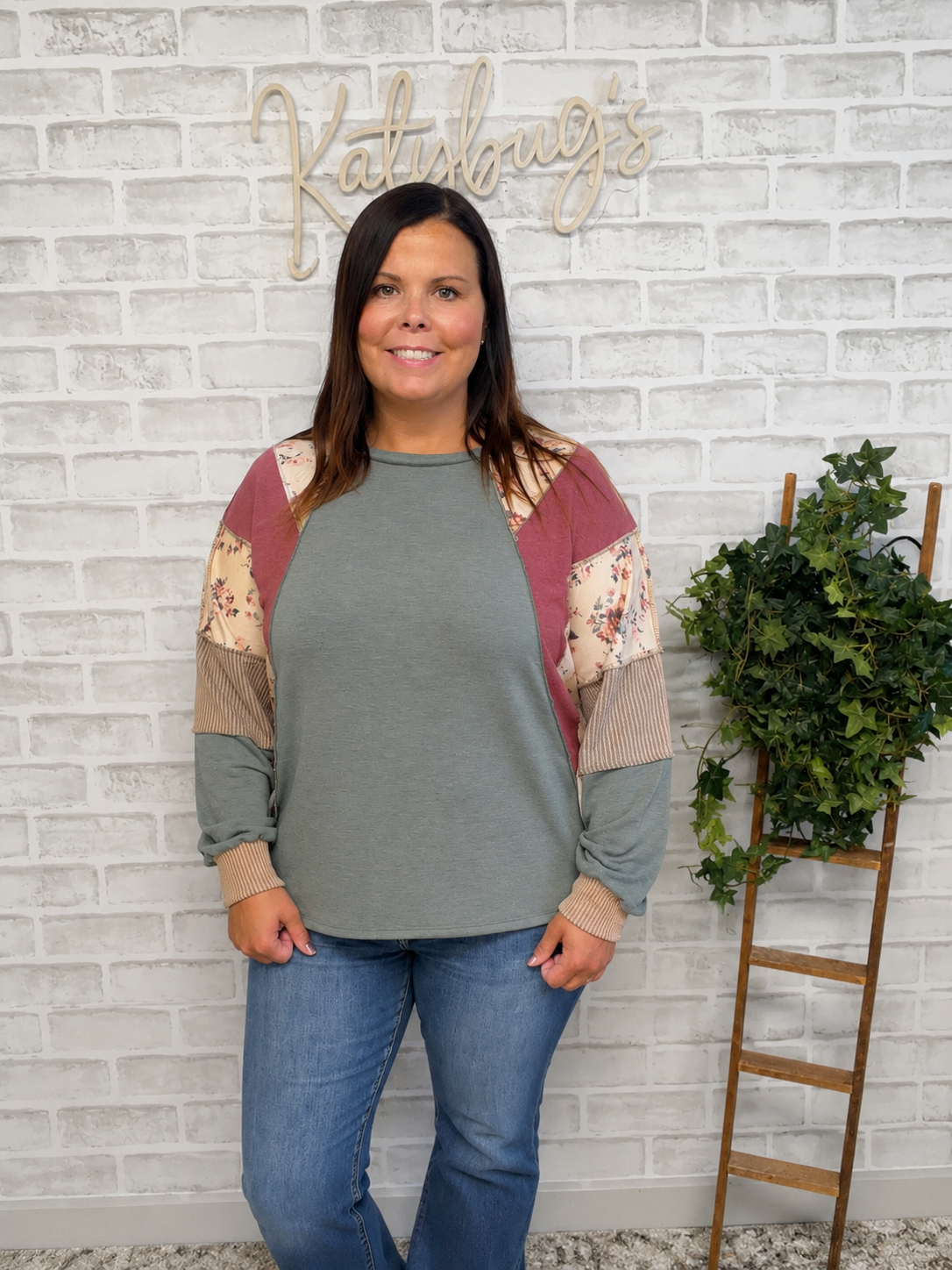 Sage Patchwork Floral Long Sleeve Top