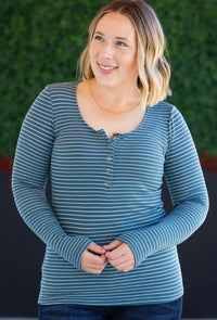 Dusty Teal Henley Striped Long Sleeve Top