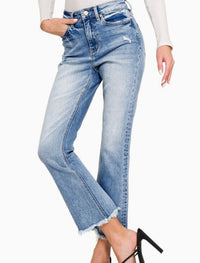 High Rise Stretch Raw Hem Cropped Denim Pants
