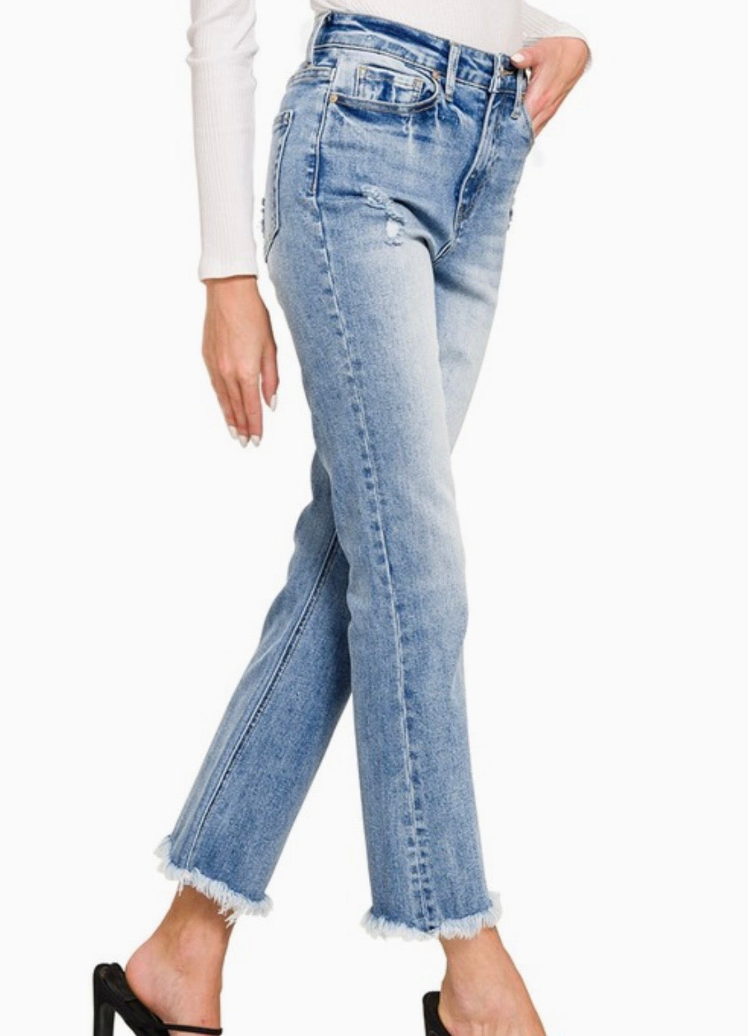 High Rise Stretch Raw Hem Cropped Denim Pants