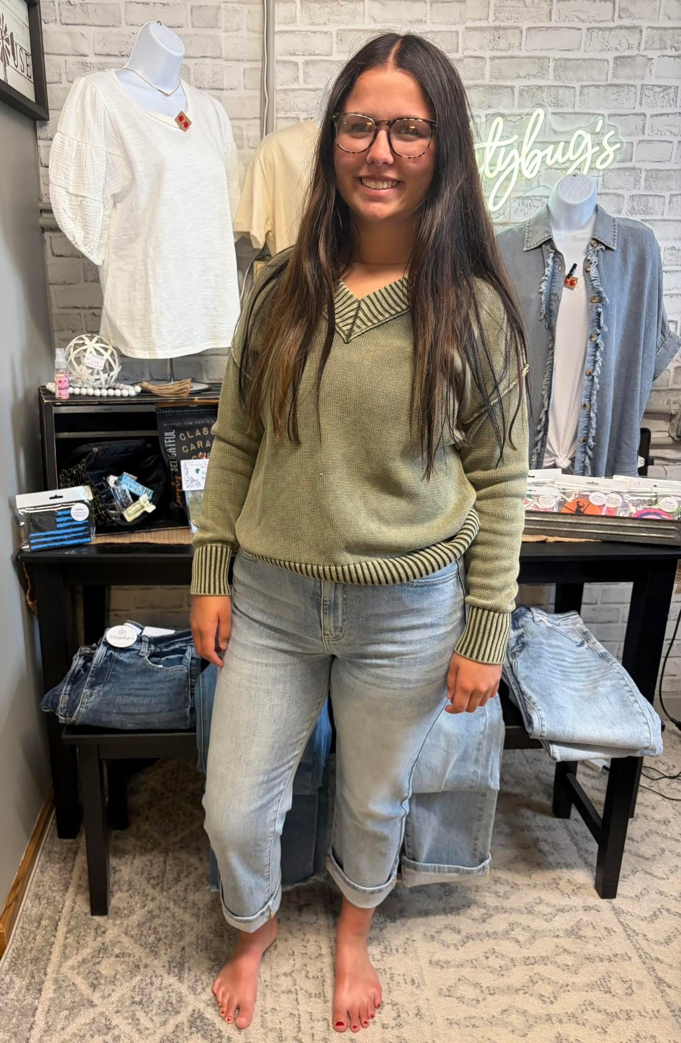 Washed V-Neck Sweater - Women's Relaxed Pullover