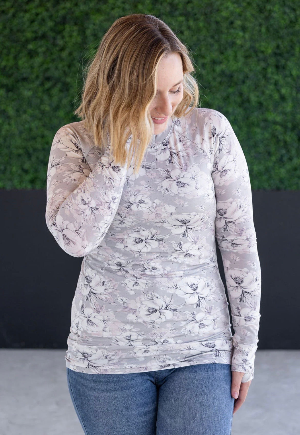 Your Forever Floral Long Sleeve Top - Women's Gray Thumbhole Tee