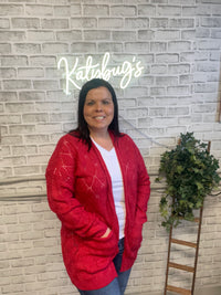 Red Knitted Cardigan - Women's Open Front Cardigan