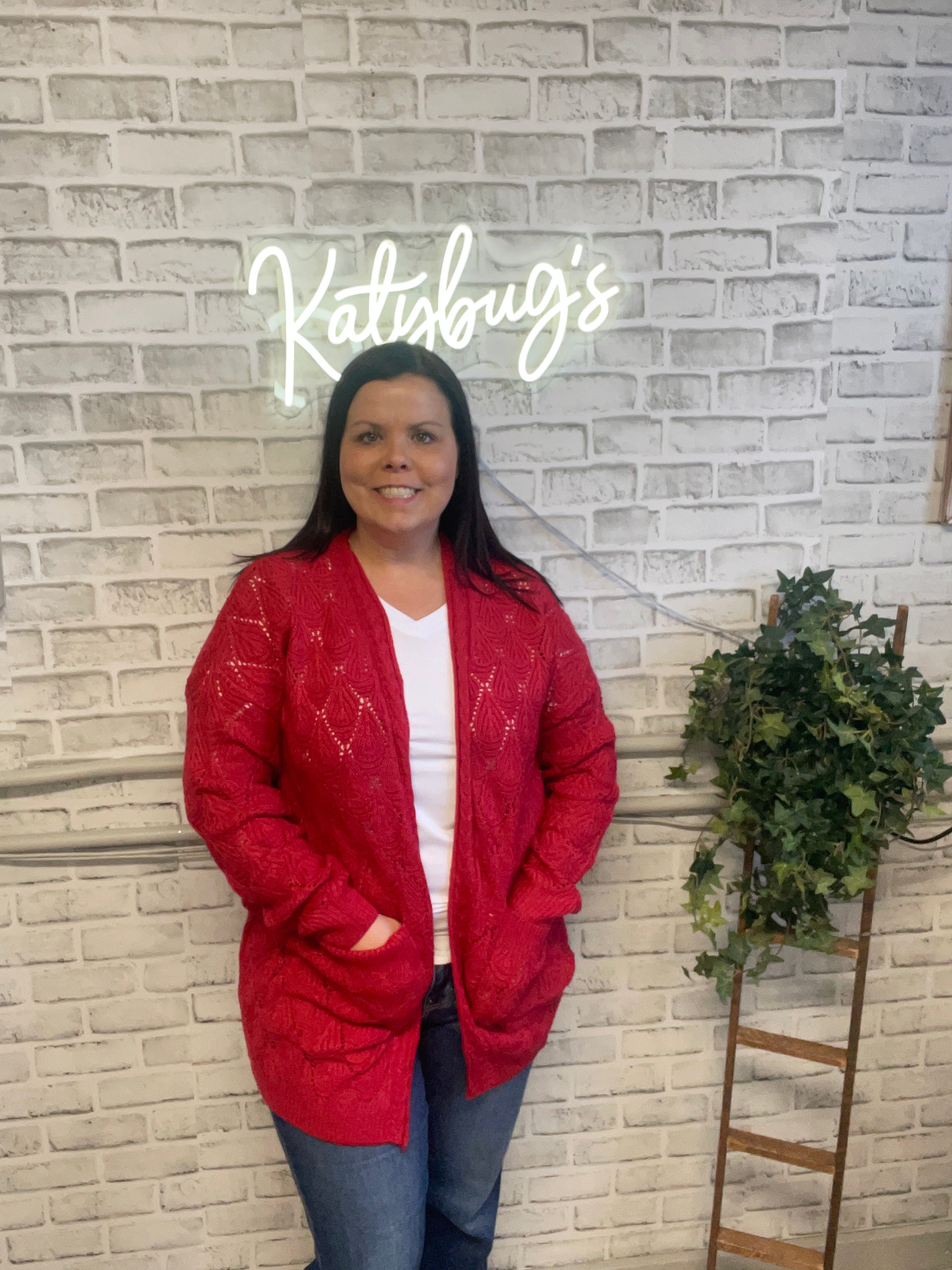 Red Knitted Cardigan - Women's Open Front Cardigan