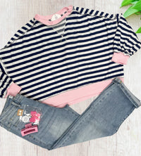 Navy & Pink Oversized Crew Neck Top