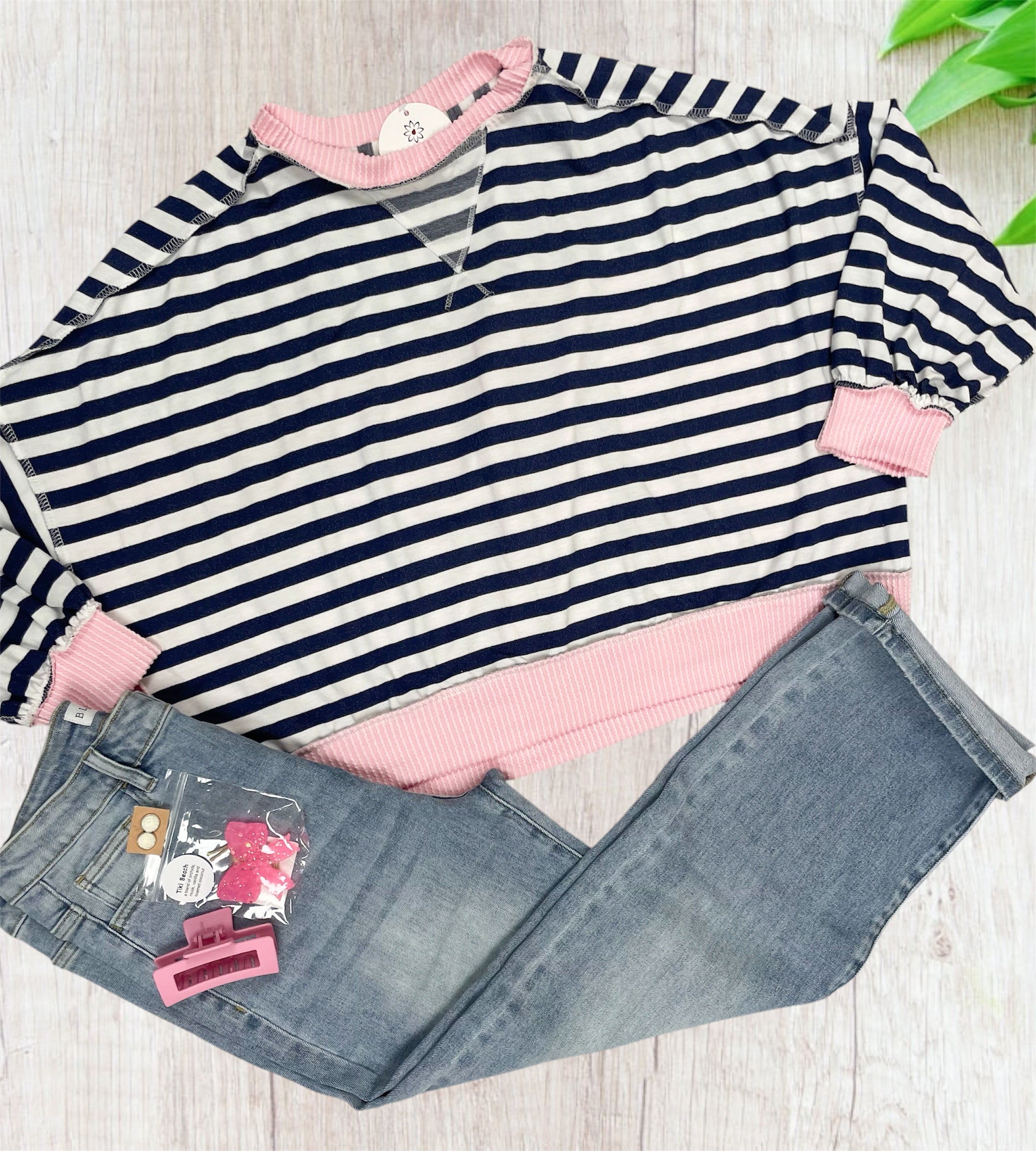 Navy & Pink Oversized Crew Neck Top