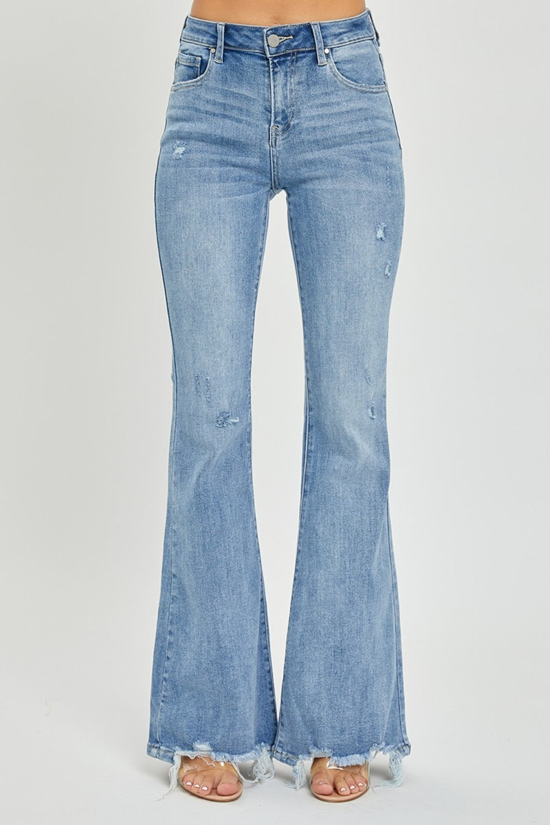 Risen  High Rise Frayed Hem Flare Jeans