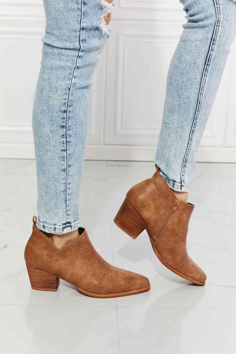 MMShoes Trust Yourself Embroidered Crossover Cowboy Bootie in Caramel